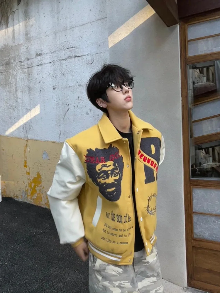 

Повседневное американское ретро бейсбольное джемто, свободное молодежное модное осенне-зимнее пальто для мужчин и женщин, длинное пальто с откидным воротником