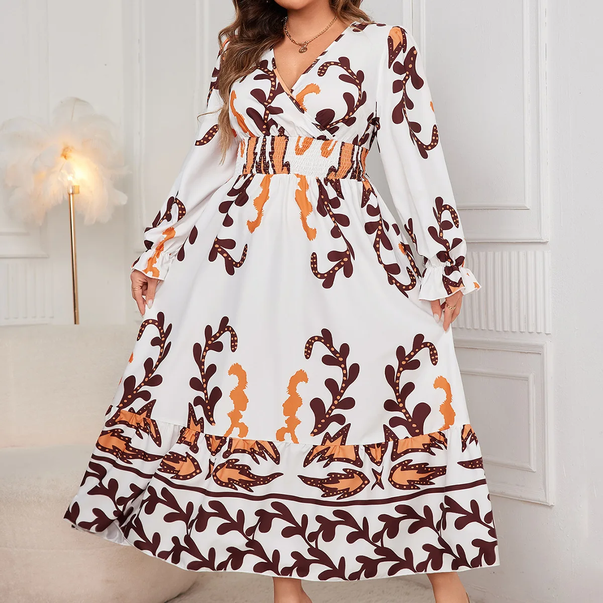 Plus Size Loose Dress, New Printed Long Sleeved V-neck Long Dress Patchwork 2025 Party Summer Elegantes Casual Y2k