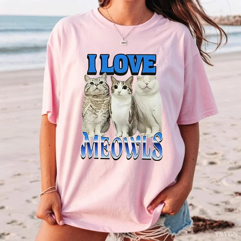I Love Meowls Funny Meme Cat OWL T-shirts T Shirt Men Women Fashion Hip Hop T Shirt Casual Cotton Short Sleeve Oversized T-shirt