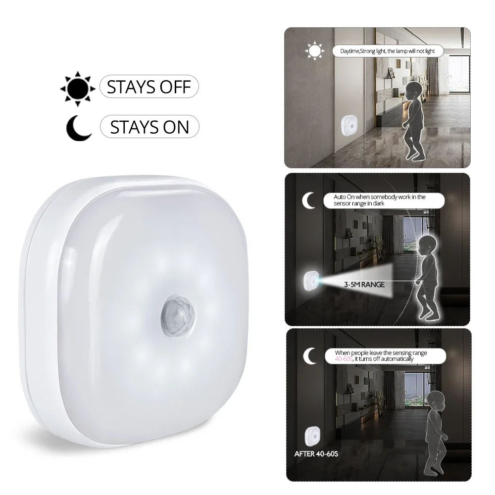 LED Night Light Battery Power PIR Motion Sensor Smart Night Light Wireless Wall Lamps for Cabinet Kitchen Bedroom Stair Wardrobe