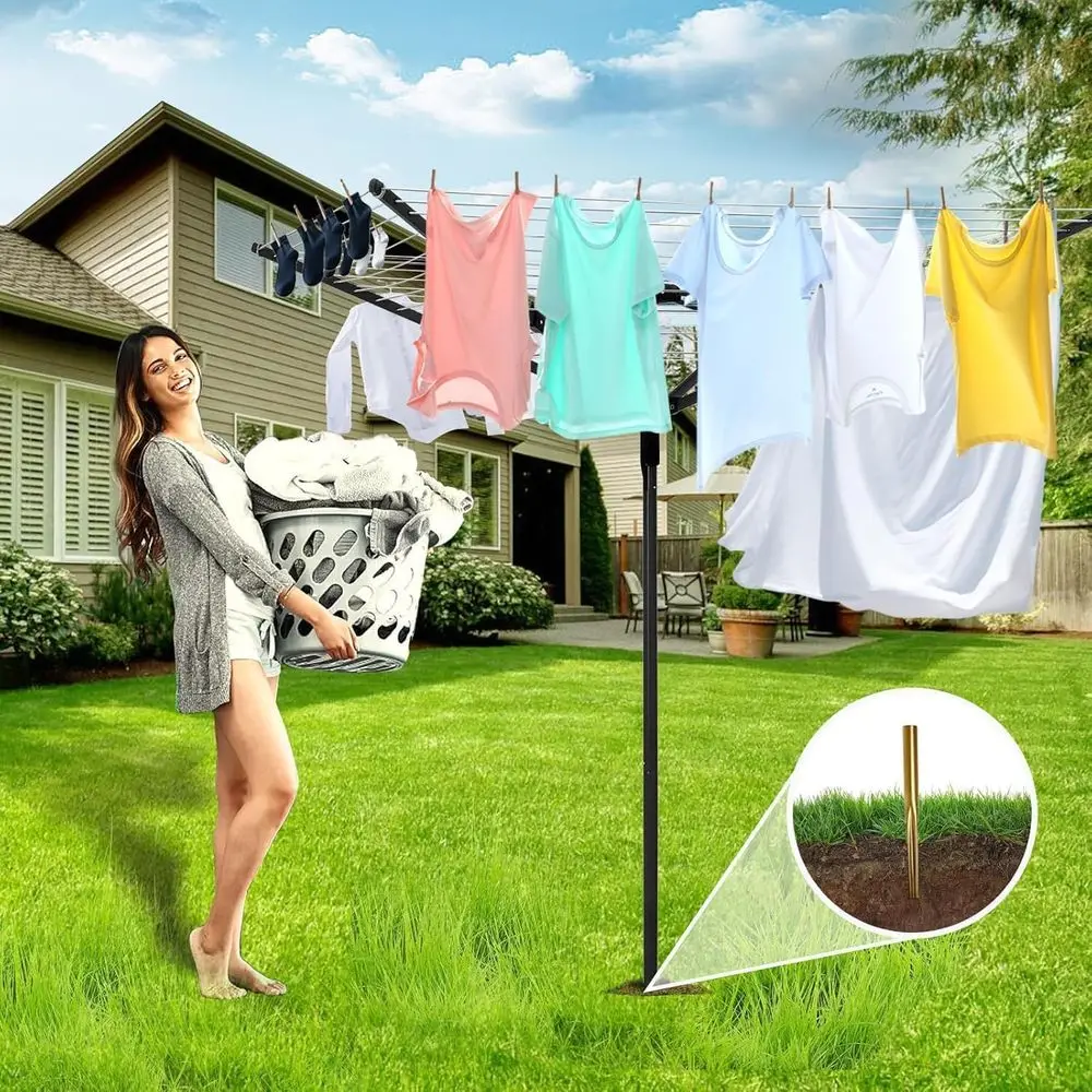 Adjustable 4-Arm Outdoor Clothesline with 12 Retractable Lines for Heavy-Duty Drying