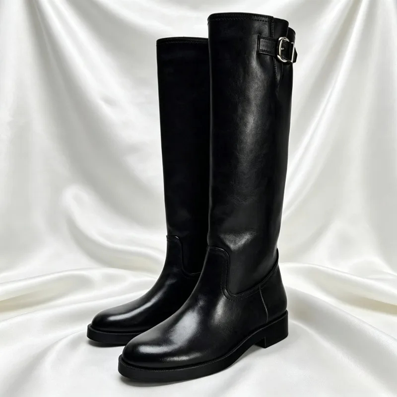 Black Soft Leather Knee Boots for Women Fashion Round Toe Belt Buckle Decoration Platform Boots Autumn Winter Warm Long Boots