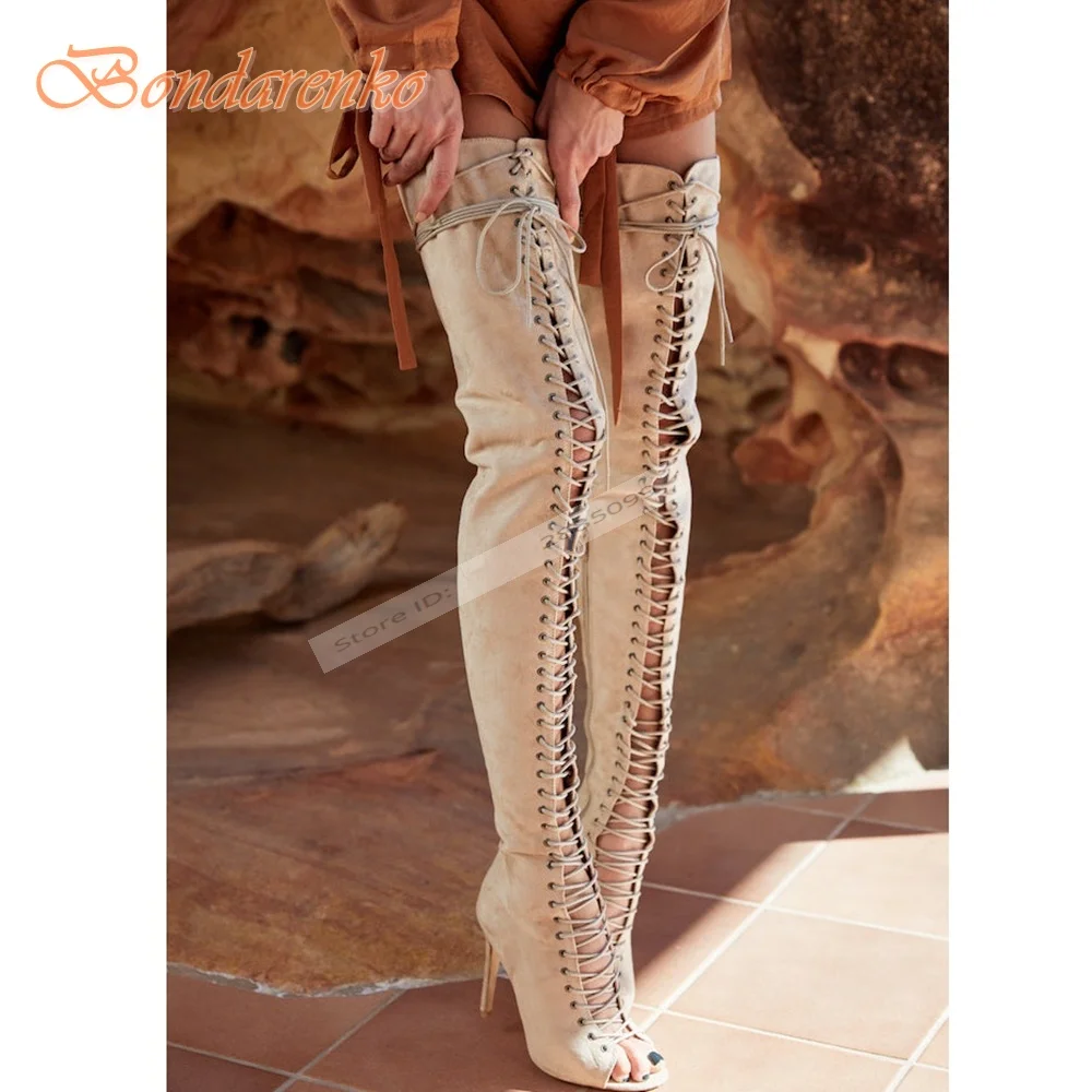 

Сандалии с перекрестными ремешками, ботинки с открытым носком, однотонные ботинки на шпильке со шнуровкой, тонкие сапоги выше колена, летняя женская обувь, дизайнерская обувь