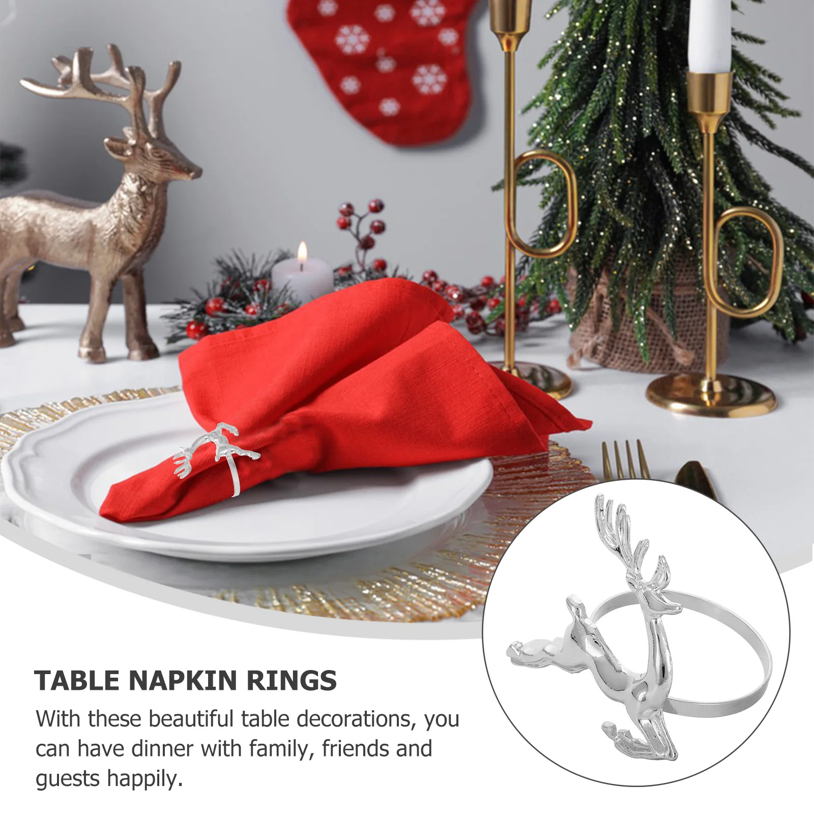 

8 pcs Deer Design for Wedding Christmas Silver Napkin Rings Table Setting Napkin Rings For Tables Shine