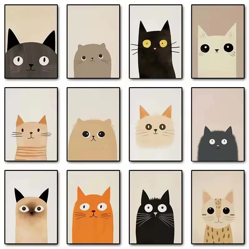 Minimalistisches Niedliches Katzen-Kunstposter Moderner Cartoon-Tier-Leinwanddruck für Heimdekoration Schlafzimmer Wohnzimmer Kinderzimmer