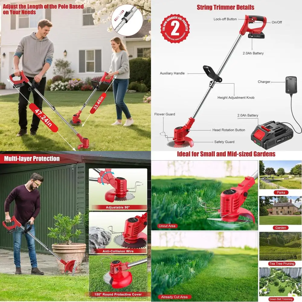 

Аккумуляторный триммер 20В с батареями 2.0 Ач, двойными металлическими лезвиями, регулируемой штангой для удаления сорняков на газонах и в саду, красный