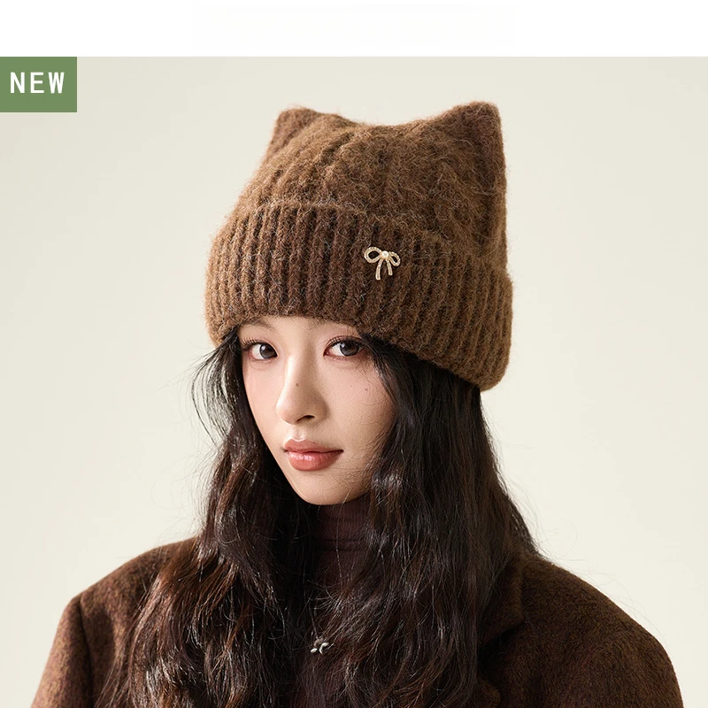 Women's Winter Knit Ear Beanie Hat Warm Thick Korean Style Bow Cute Cartoon Face Slimming Age Reducing Stylish Cap