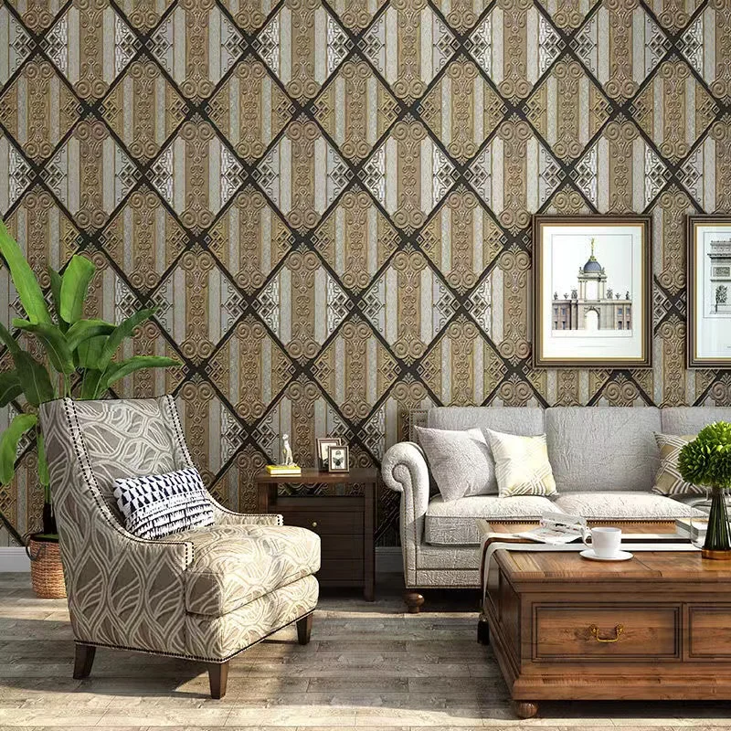 Retro Baroque Gilded Rhombus Mural Wallpaper European Geometric Embossed Wall Paper for Hotel Lobby Apartment Home Decor