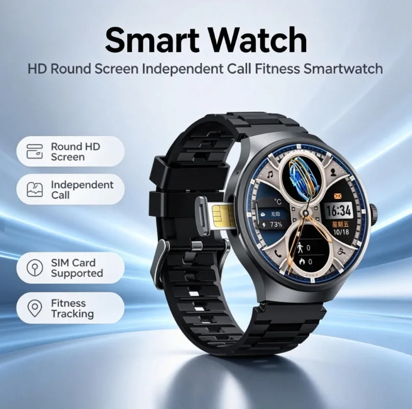 Men Sports Smart Watch HD Round Screen SIM Card Supported Independent Call Fitness Tracking Multifunctional Wrist Smartwatch