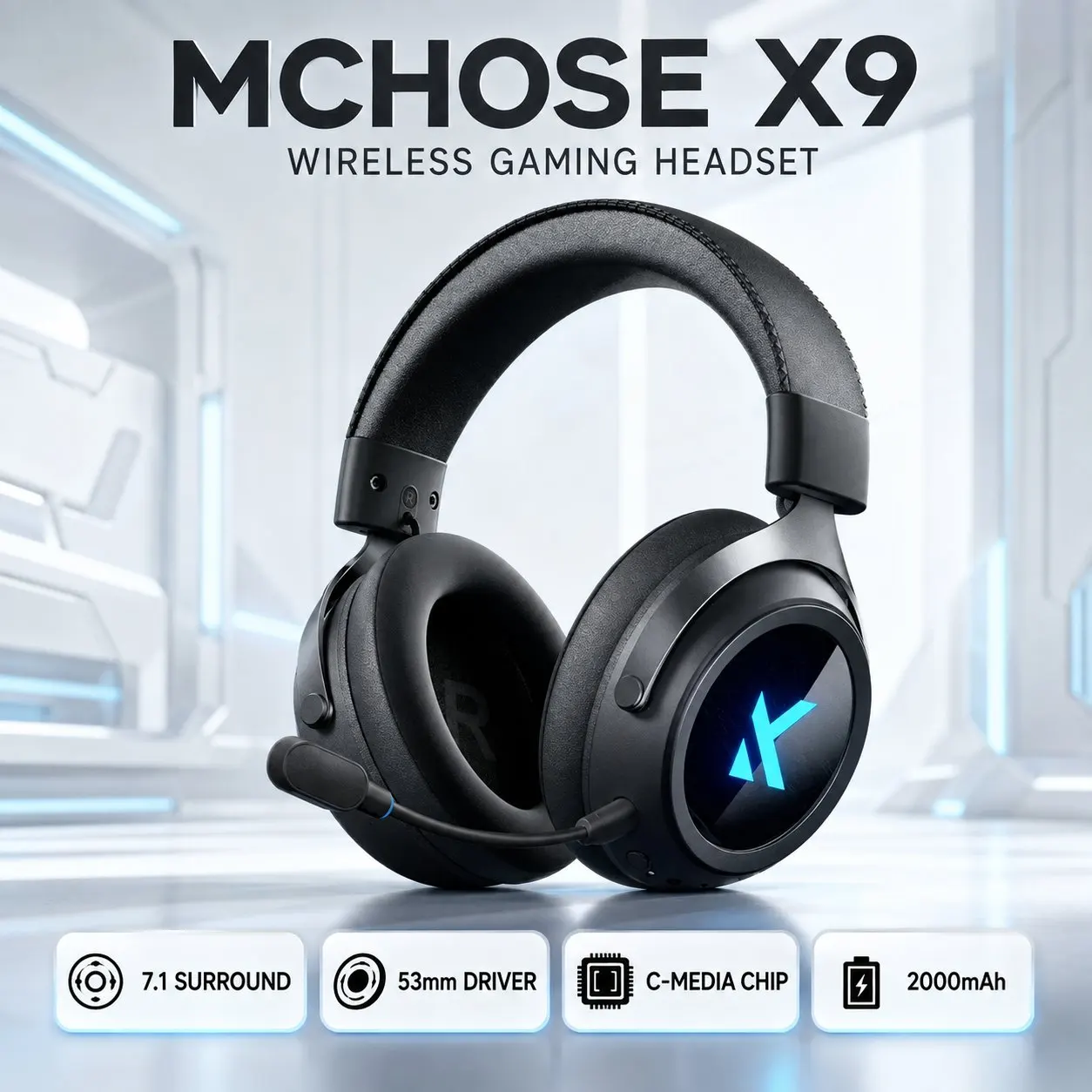 MCHOSE X9 Wireless Gaming Headset 53mm Drivers C-Media Chip 7.1 Surround 2000mAh RGB Detachable Microphone Adjustable Headband