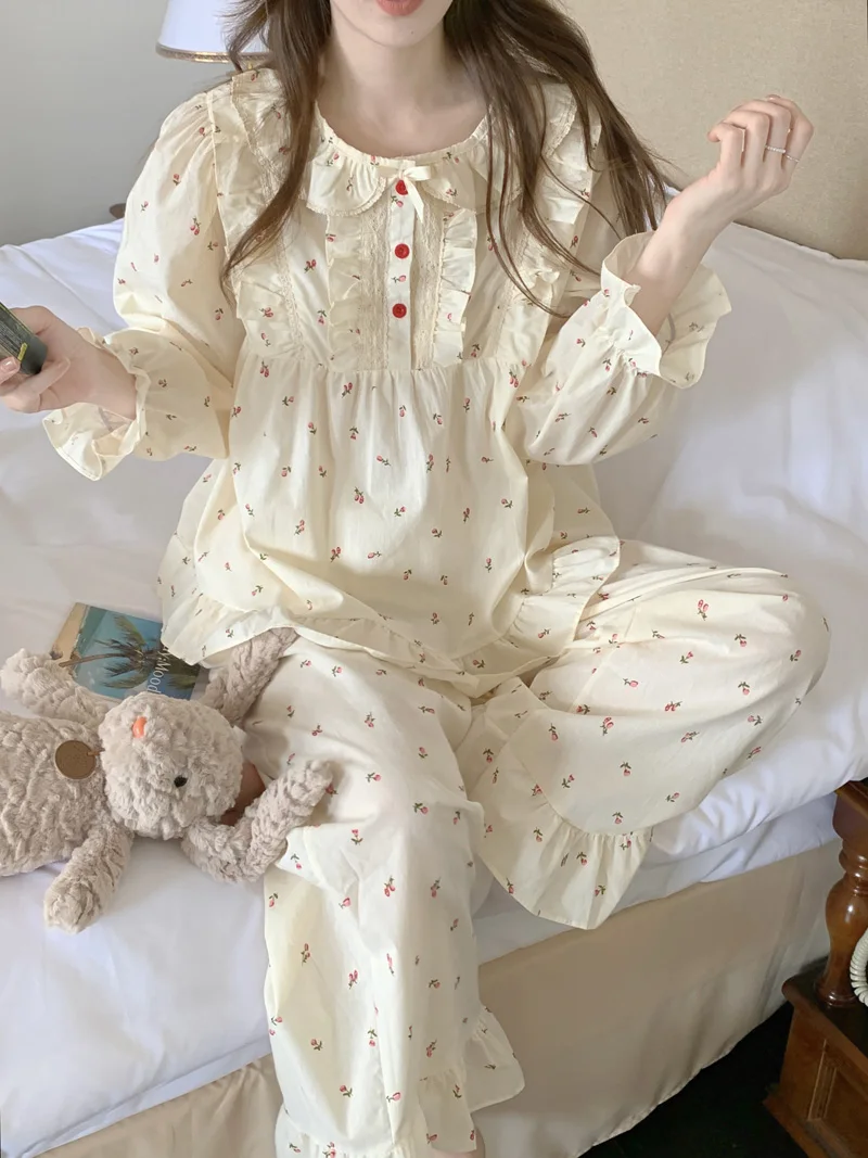 

floral print autumn pajamas set women cotton korean sleepwear blouse + trousers casual home suit ruffles sweet nightwear soft