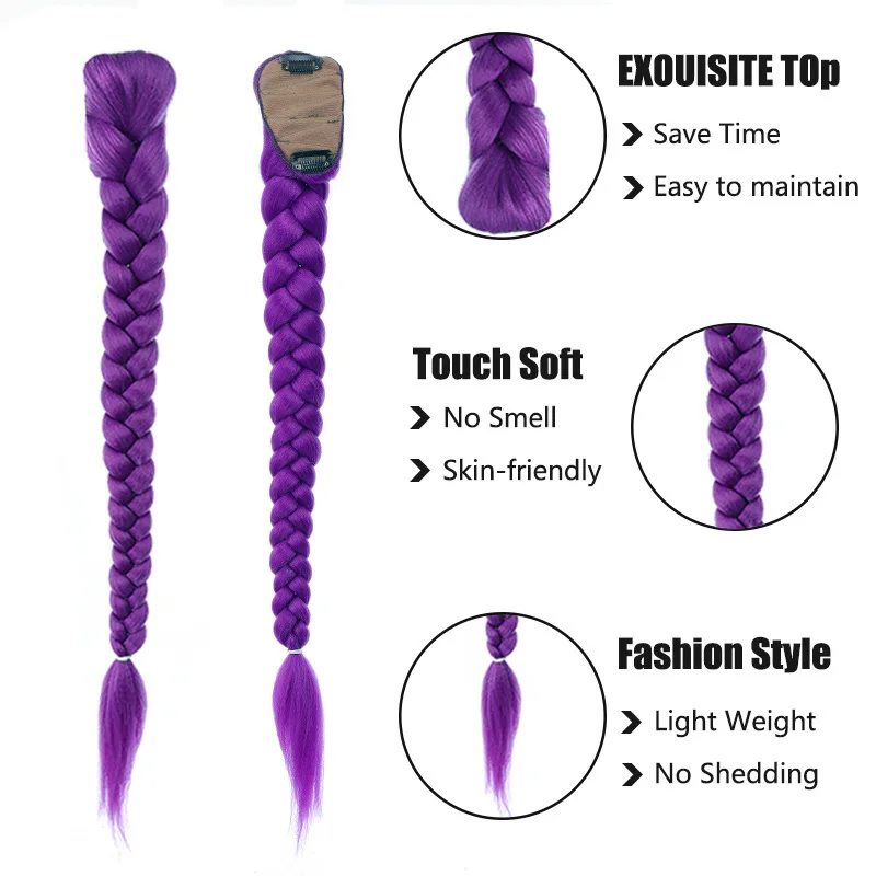 26inch Purple Synthetic Braided Hair Ponytail Extensions for Kids Cosplay Long Purple Braids for Kids Christmas Party Use