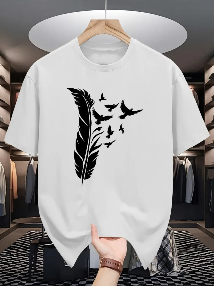 Black Mens Crew Neck Cotton T Shirt White Large Feather Turning Into Flying Birds Minimal Abstract Freedom Art Short Sleeve Tees