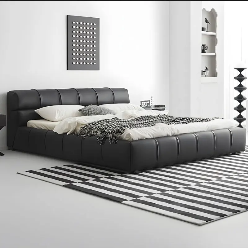 

fl- Luxury Solid Wood Leather Bed High Rebound Sponge Larch Steel Frame Soft Comfortable Sleep Bedroom Furniture Upholstered！