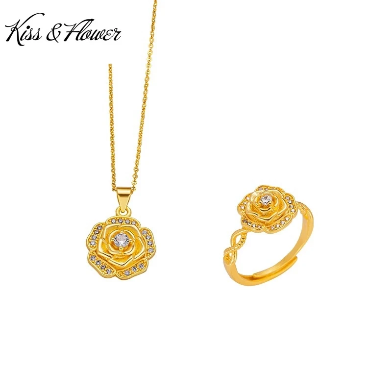 

KISS&FLOWER Gold Rose Ring+Necklace For Women Female Wedding Party Birthday Christmas Bride Mother Girlfriend Ladies Gifts JS87