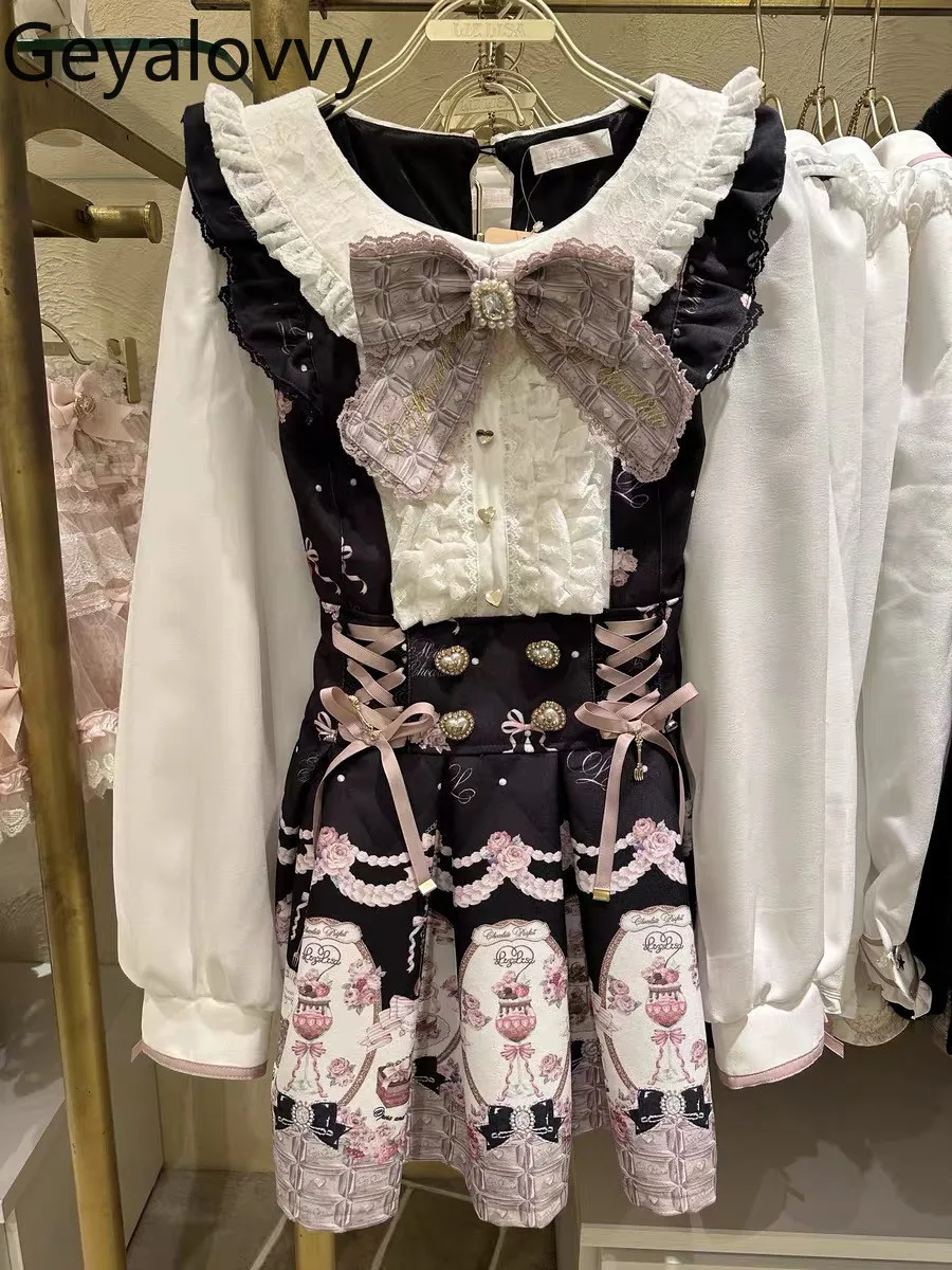 

Spring Summer New Sweet Cute Women's Japanese Doll Collar Bow Print Slim-fit Long-sleeve Dress and Base Shorts Two-piece Set