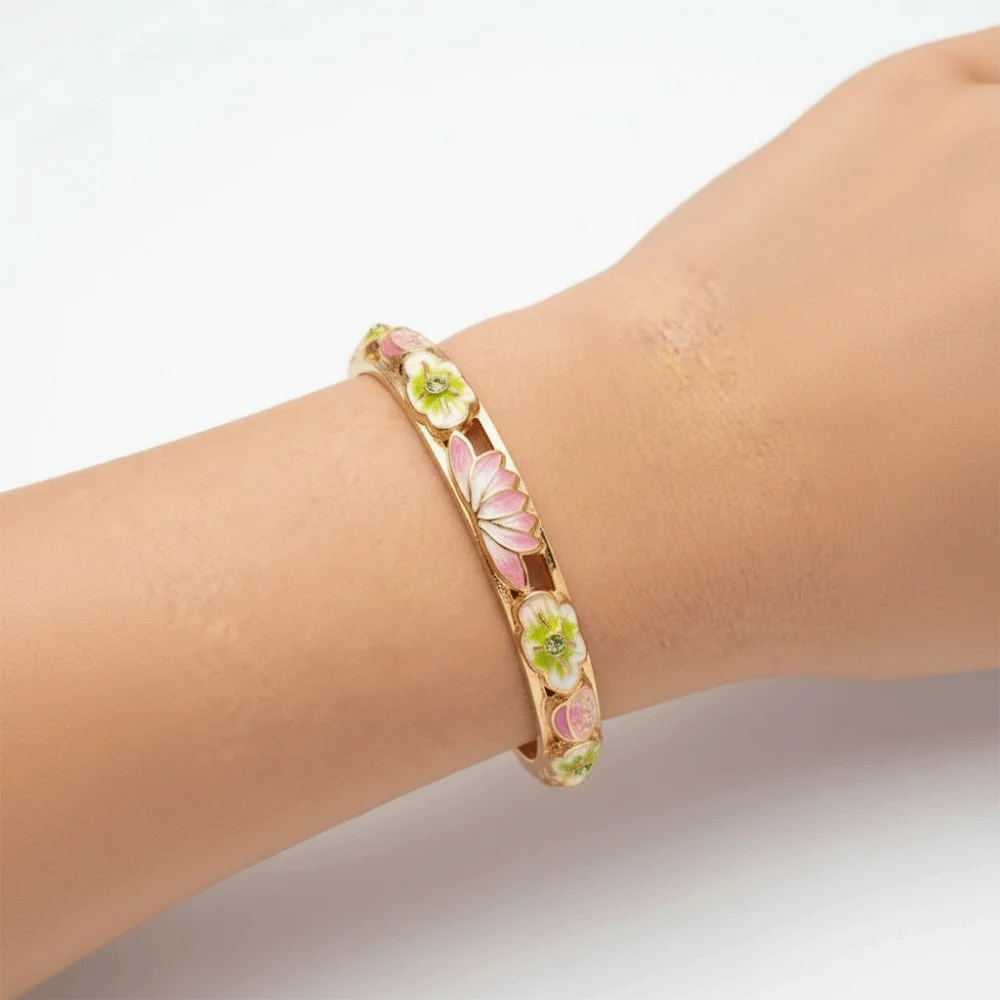 Elegant Enamel Floral Bangle Chinese Style Electroplating Cloisonne Bangle Handmade Rich Colors Hollow Out Bangle Women