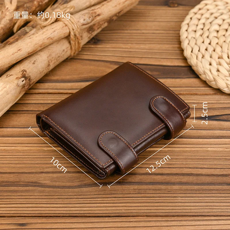 Three-fold chain-linked anti-theft short wallet with large capacity, oil-wax finish genuine leather, RFID multi-slot wallet