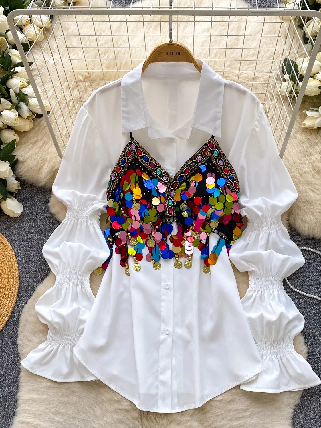 

Elegant Minimalist Women's Shirt with Beads Lantern Sleeve Shiny Blouse Waist-Cinched Versatile High-End Feel Commute Style