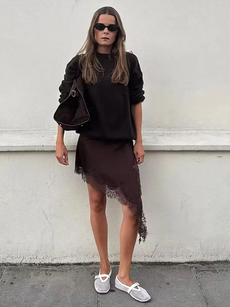 HH Women Elegant Fashion Asymmetrical Lacesplice Skirts High Waist Elastic Waist Midi Skirt Summer Casual Holiday Chic Skirts