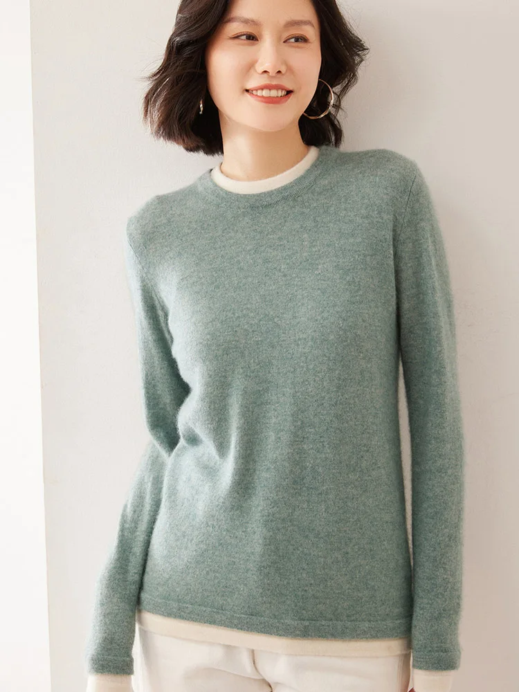 

Autumn Winter Women's O-neck 100% Cashmere Pullover Fake Two Sweater Slim Soft High-end Warm Elegant Knitted Long Sleeve Tops