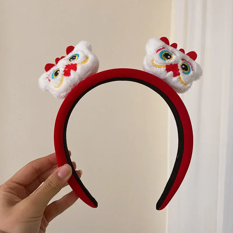 Chinese New Year Red Velvet Hairband Women Headwear Cute Plush Cartoon Dragon Cat Chinese Character Headband Hair Ornament