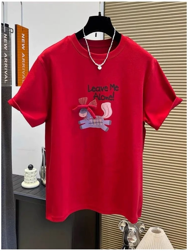 

Оверсайз футболка с принтом и вышивкой из бархата, красная, новогодняя, для мужчин и женщин, повседневная, свободного кроя