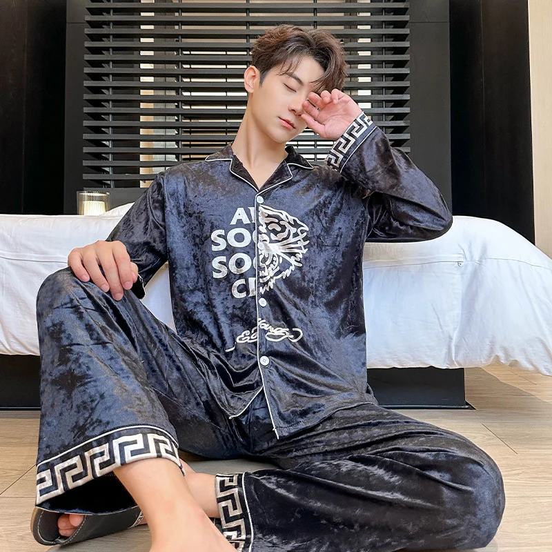 Large 4XL Men Underwear 2Piece Set Spring Pyjamas Long Sleeve Trousers Suit Casual Home Wear Silk Boy Pajama Leisure Sleepwear