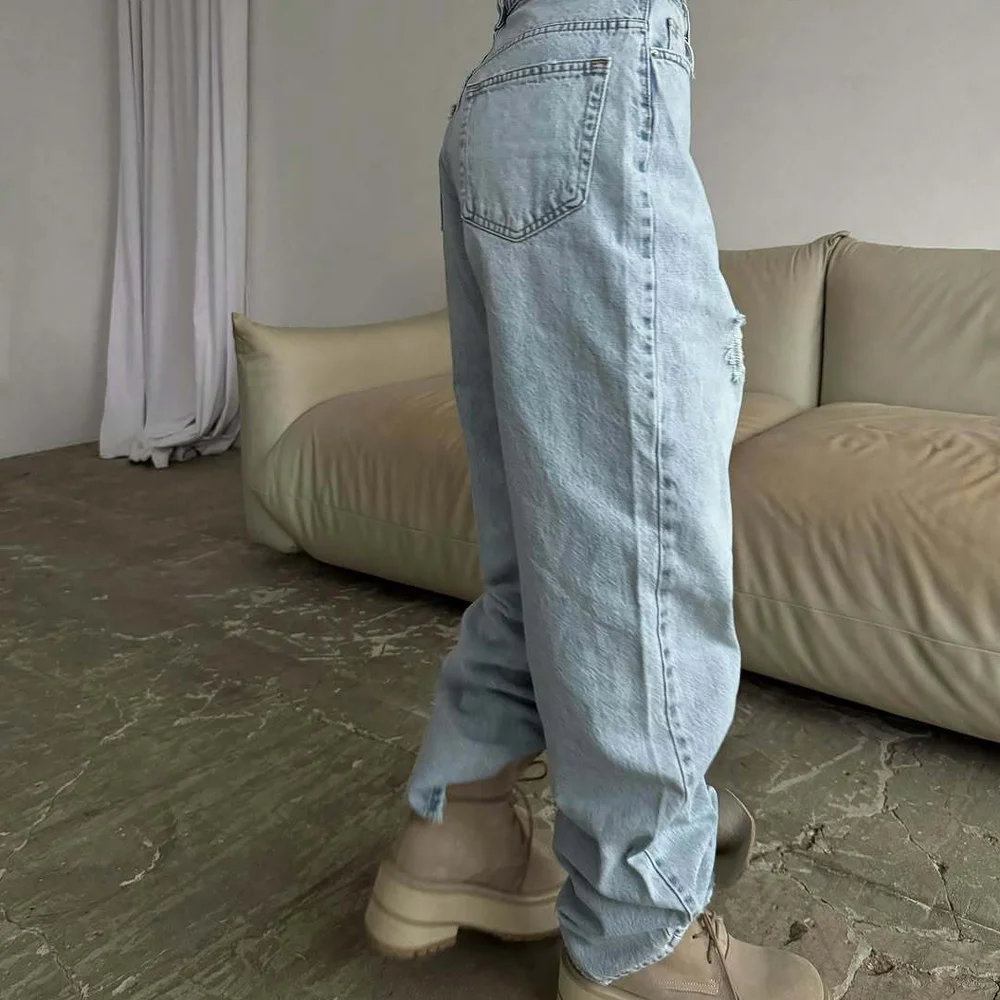 Jeans mit hoher Taille und weitem Bein für Damen, Frühlingsfaion, zerrissenes Loch-Design, lässige Taillen-Denim-Hose, lockere Passform für alle Jahreszeiten