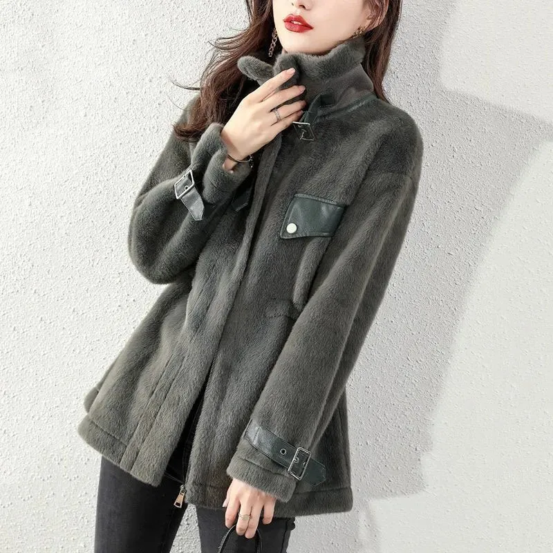 Women 2022 Spring And Autumn New Coat Fashion Design Temperament High-End Faux Fur Jacket Ladies Zipper Blend Wool Jackets Camel