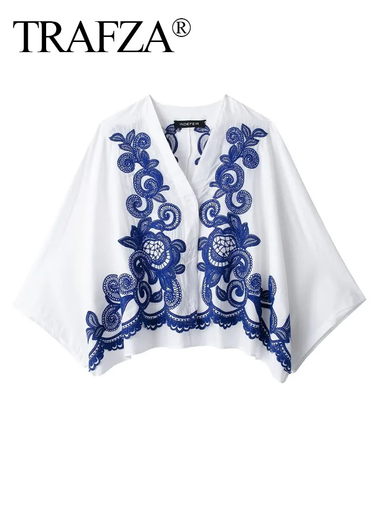 TRAFZA Elegant Women Summer Contrasting Embroidery Single-Breasted Decoration Shirt Top Woman Slim Casual Loose Blouses TRAF