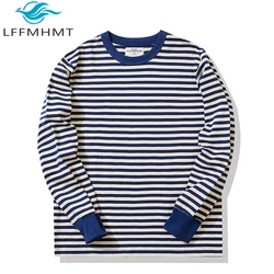 Ok0202 280G Men T-Shirt Cotton Heavy Weight Classic Fashion Simple Blue Pinstripe Long Sleeve Round Neck Color Match Thick Tee