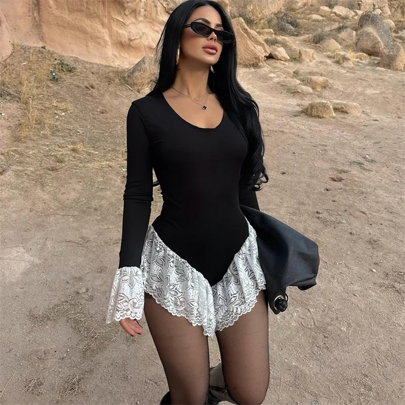 Black White Lace Women Jumpsuit Full Sleeves Sexy Short Pants Sheath Casual Hot Girl Formal Wedding Birthday Evening Wear