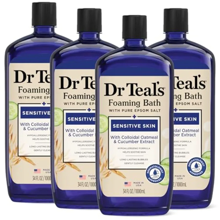 Dr Teal's Foaming Bath with Pure Epsom Salt, Sensitive Skin with Colloidal Oatmeal and Cucumber, 34 fl oz Pack of 4