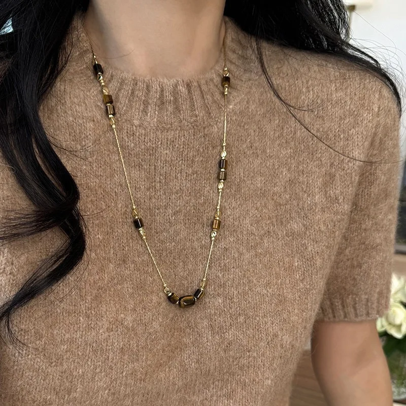 

Gold Silk Chain Niche Design Melad Square Tiger Eye Stone Beaded Necklace Adjustable Long Sweater Chain