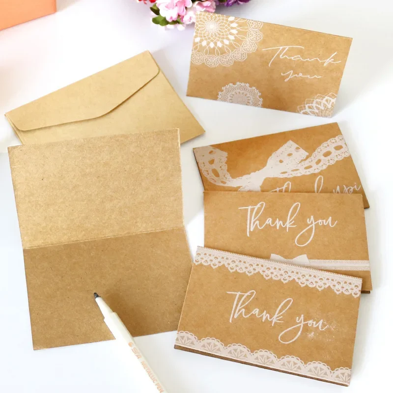 180pcs of 10 Sets Kraft Thank You Cards Lace Thank You Greeting Cards and Envelope Stickers Holiday Wishes Cards Party Messages