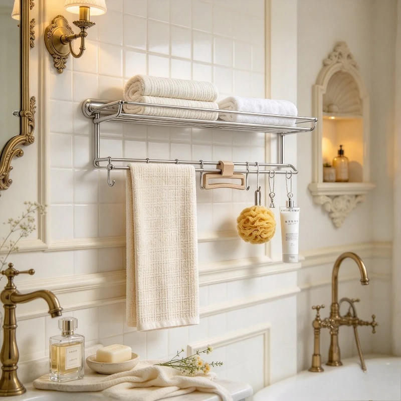 No-Drill 304 Stainless Steel Bathroom Towel Rack, Wall Mount Shelf Organizer, Integrated Hanging Bar Holder for Home Shower Use.