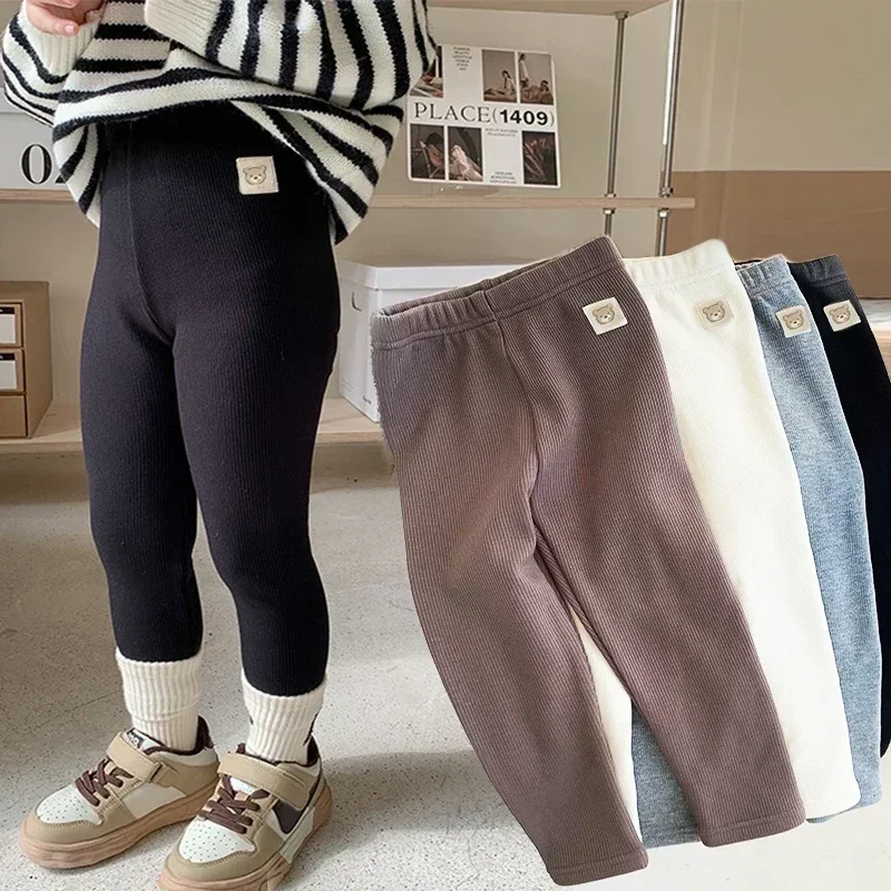 Pantalones coreanos de una pieza con forro polar para niños, pantalones cálidos hasta el tobillo con dibujos animados para niños y niñas, Otoño Invierno