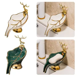 Luxury Ceramic Soap Dish Golden Deer Leaf Soap Dish Self Bathroom Box Tray Waterfall Holder Soap Holder Bathroom Accessories