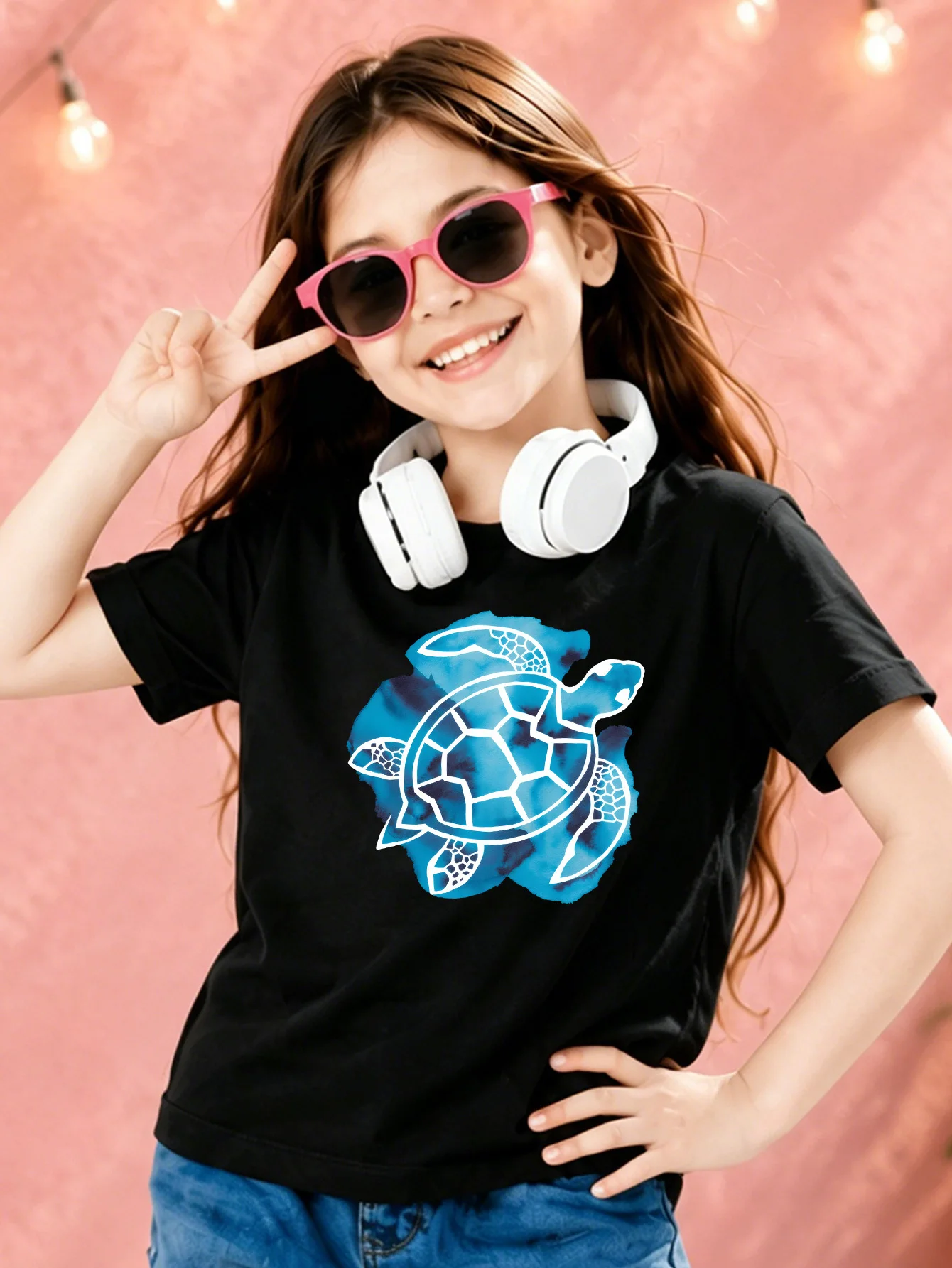 Blue Watercolor Sea Turtle Outline Print Kids T Shirt Boys Girls Cotton Short Sleeve Parent Child Ocean Themed Casual Basic Tee