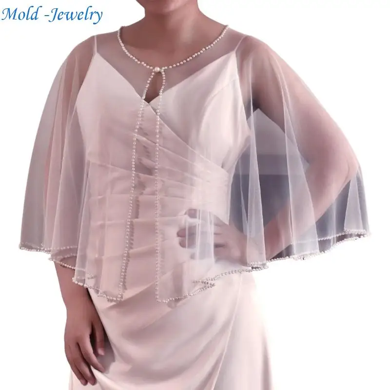 

69HB Adjustable Pearls Embellished Tulle Shawl With Beaded Edges Stylish Tulle Wrap for Party Dresses and Ceremonies