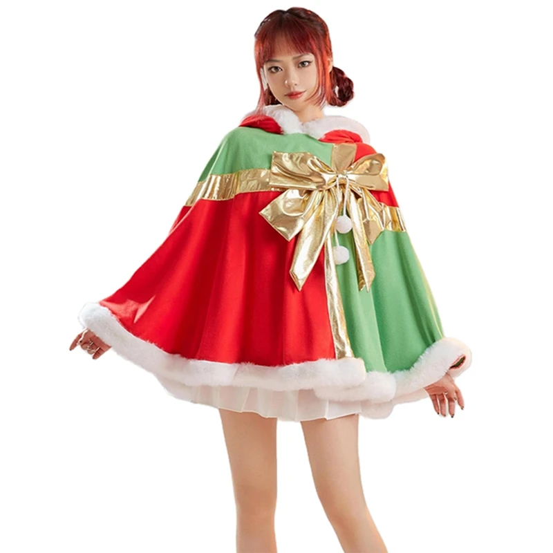 

Women Christmas Cape Cosplay Costume Winter Warm Plush Patchwork Hooded Gift Box Poncho Santa Cloak Windproof Cold Resist