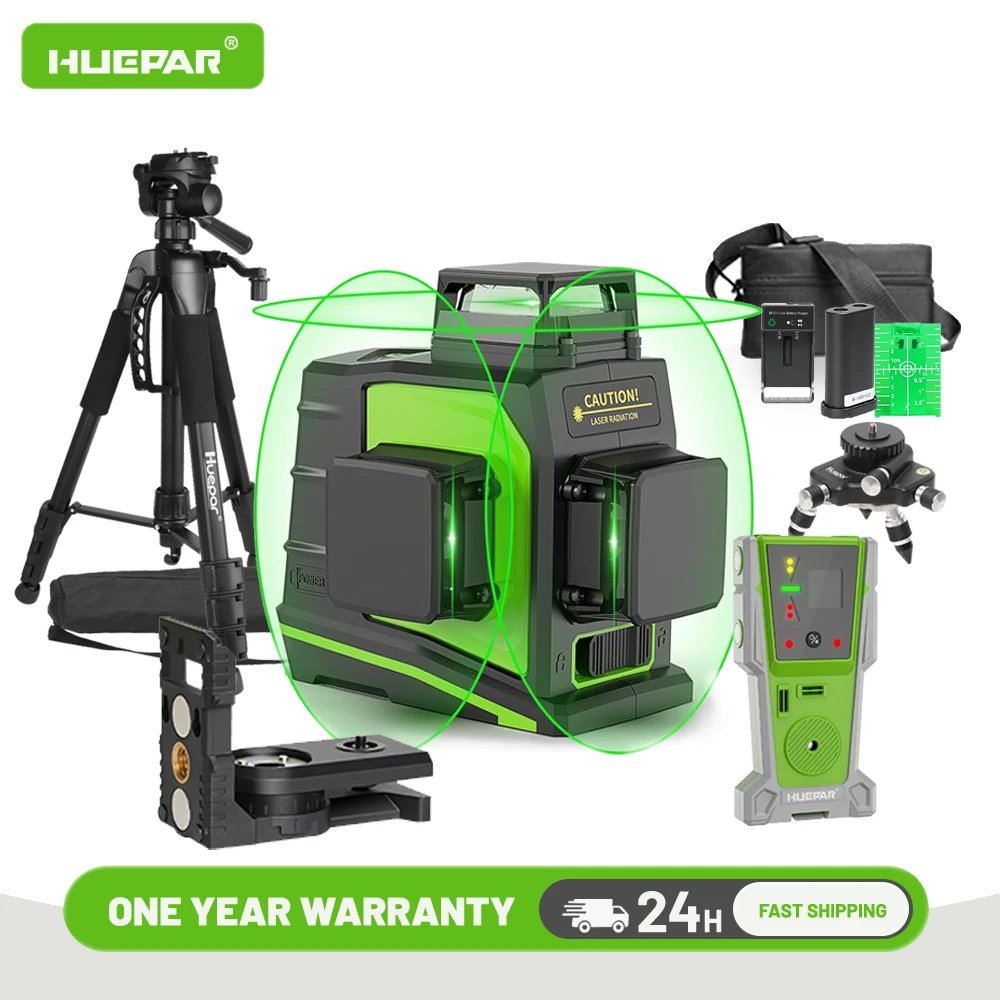 Huepar 3D 12 Lines Laser Level Green Beam Self-Leveling Cross Lines Laser Level Tool Set With Tripod/Detector/Adapter GF360G