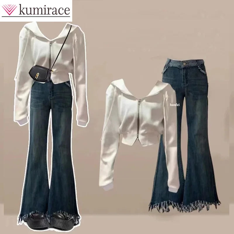 

2023 New Korean Autumn Women's Ruffle Sweater Jeans Two Piece Winter Women's Autumn Two Piece Pants winter clothes women