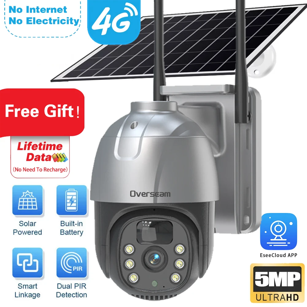 

Built In Unlimited Data SIM Card 4G Solar PTZ Camera Outdoor 5MP Surveillance Camera PIR Motion Detection Security Camera Video