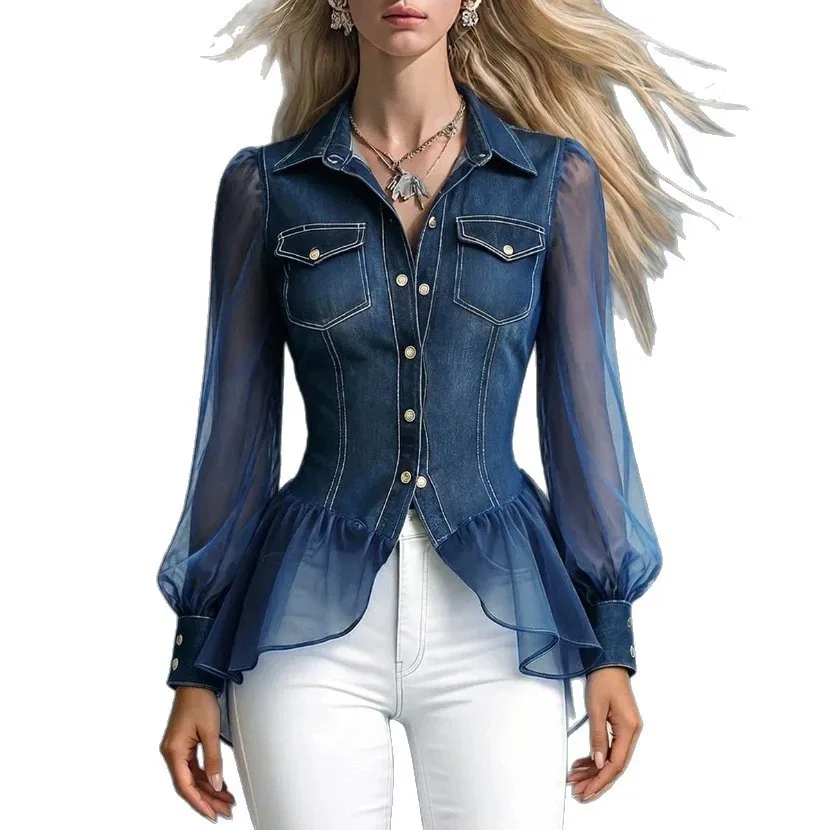 Long Sleeve Casual Top with Patchwork Turn Down Collar Button Front Loose Fit Women Shirt in Office Style Regular Length