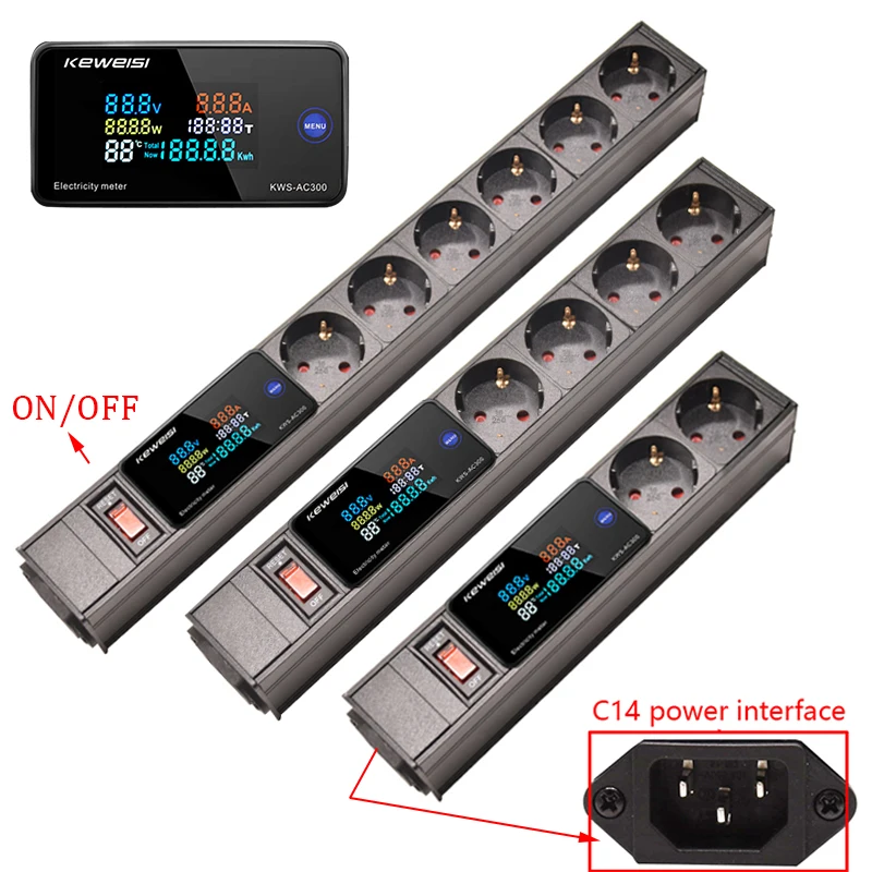 

C14 interface Power Strip with Switch Display Power Energy Volt Watt Kwh Meter 2/3/4/5/6/7/8/9/10/11 Universal Socket Outlets