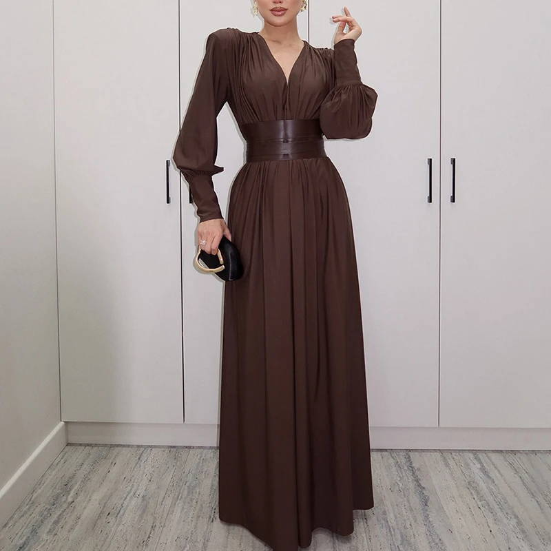 Sexy diepe v-hals feestjurk met lange mouwen damesmode hoge taille gedrapeerde avondjurk elegante bijpassende riem taille lange jurk