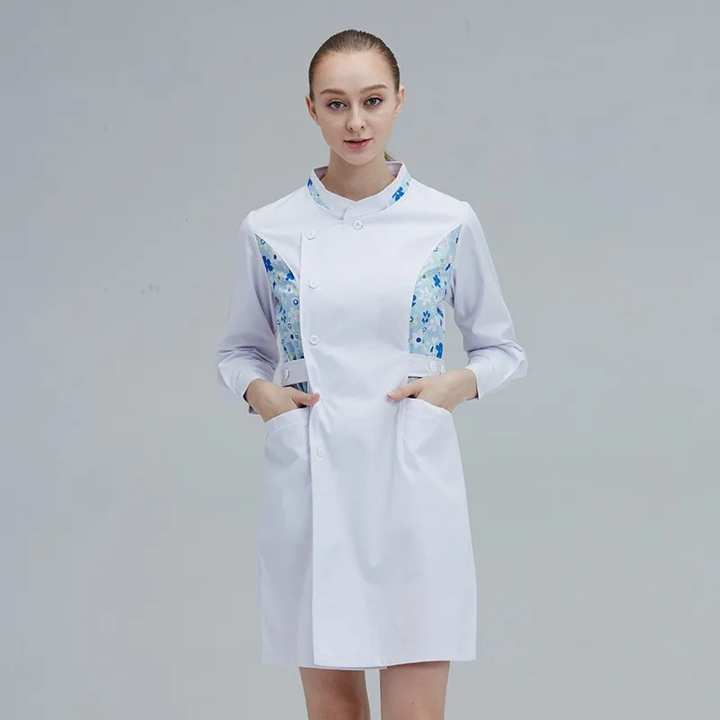 

Print Nurse Scrubs Dress Long Sleeve Medical Healthcare Tunic White Women Beautician Work Uniform Style Nursing Uniforms