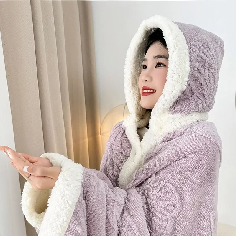 

Thick Hooded Cape Blanket Multi-Functional Portable for Office Rest Autumn Winter Air Conditioning Warm Wrap with Hat
